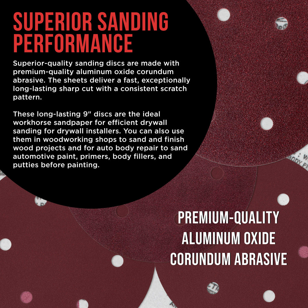 Premium 9" Red 6-Hole Pattern 60 Grit Sanding Discs, Box of 20 - Dustless Hook & Loop Backing Sandpaper for Drywall Power Sanders, Coarse-Cut Abrasive