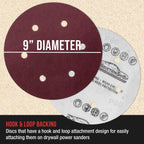 Premium 9" Red 6-Hole Pattern 80 Grit Sanding Discs, Box of 20 - Dustless Hook & Loop Backing Sandpaper for Drywall Power Sanders, Coarse-Cut Abrasive