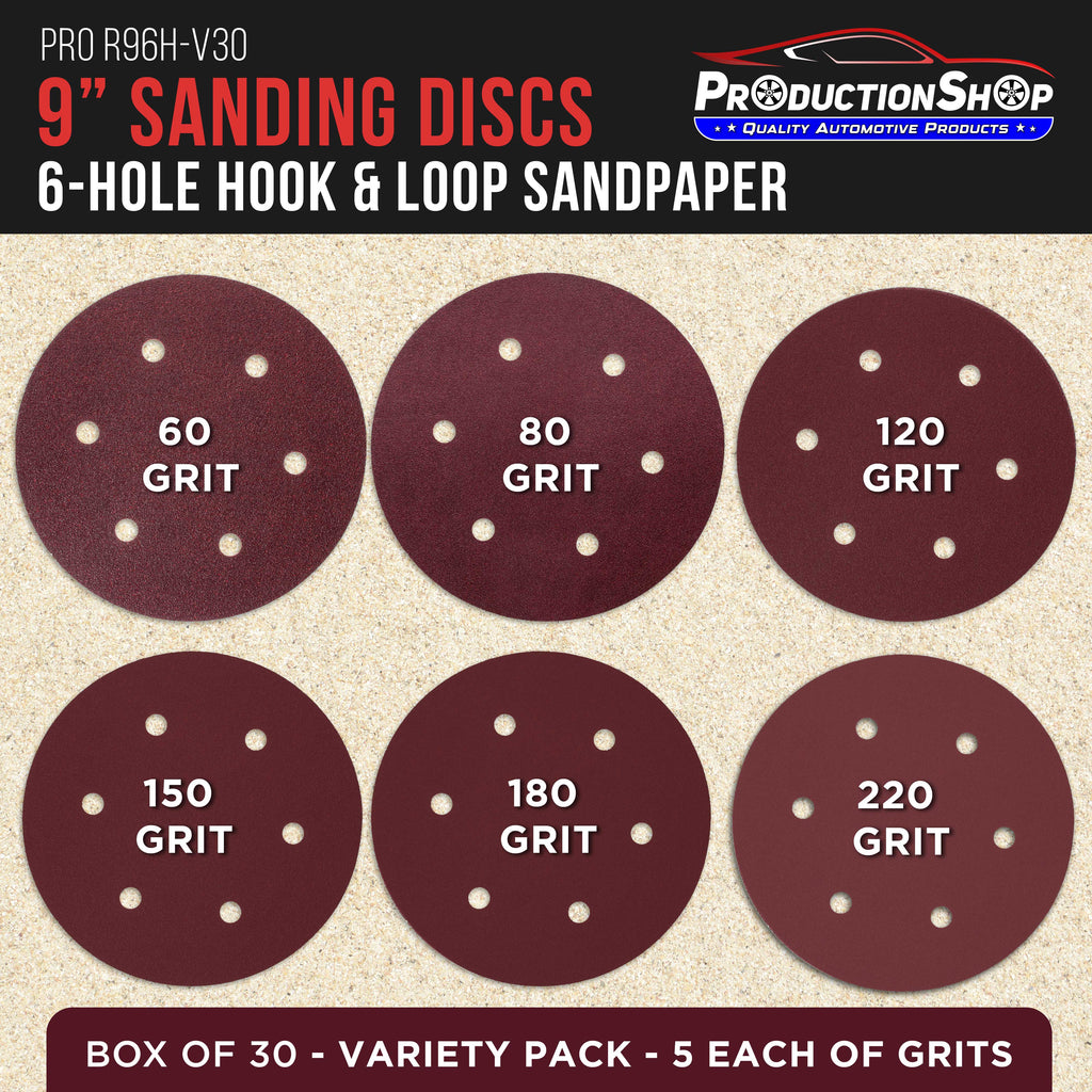 Premium 9" Red 6-Hole Pattern Sanding Discs, 30 Disc Variety Pack, Grits 60, 80, 120, 150, 180, 220 - Dustless Hook & Loop Backing Sandpaper for Drywall Power Sander