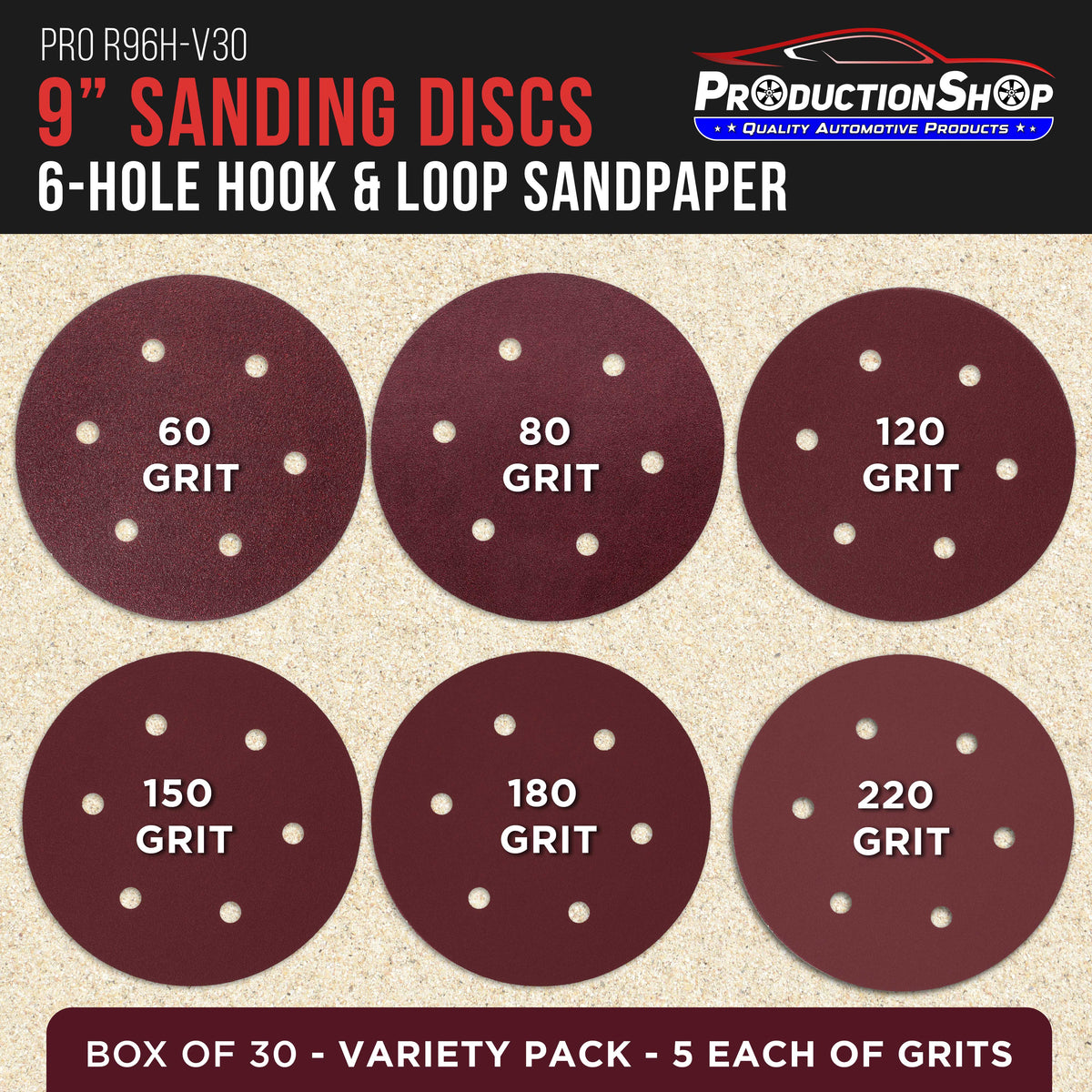 Premium 9" Red 6-Hole Pattern Sanding Discs, 30 Disc Variety Pack, Grits 60, 80, 120, 150, 180, 220 - Dustless Hook & Loop Backing Sandpaper for Drywall Power Sander