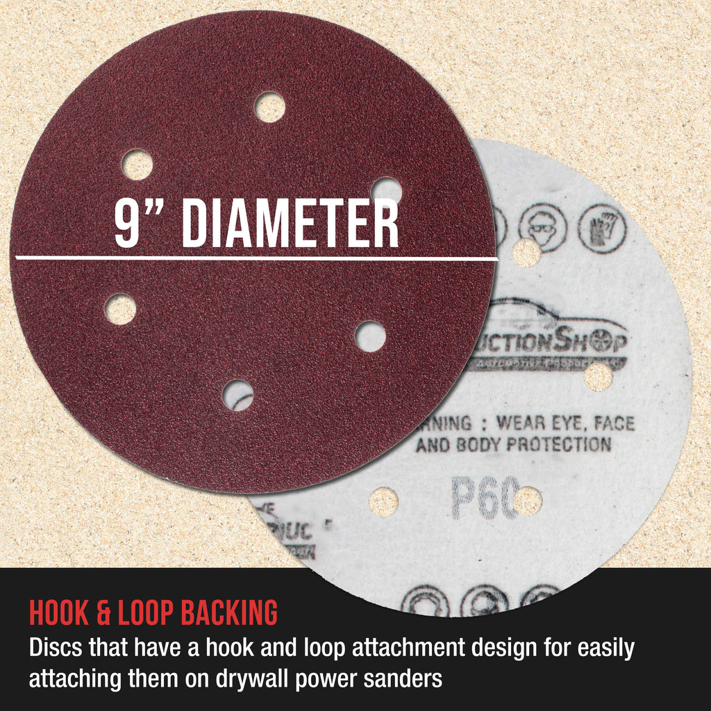 Premium 9" Red 6-Hole Pattern Sanding Discs, 30 Disc Variety Pack, Grits 60, 80, 120, 150, 180, 220 - Dustless Hook & Loop Backing Sandpaper for Drywall Power Sander