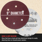 Premium 9" Red 6-Hole Pattern Sanding Discs, 30 Disc Variety Pack, Grits 60, 80, 120, 150, 180, 220 - Dustless Hook & Loop Backing Sandpaper for Drywall Power Sander