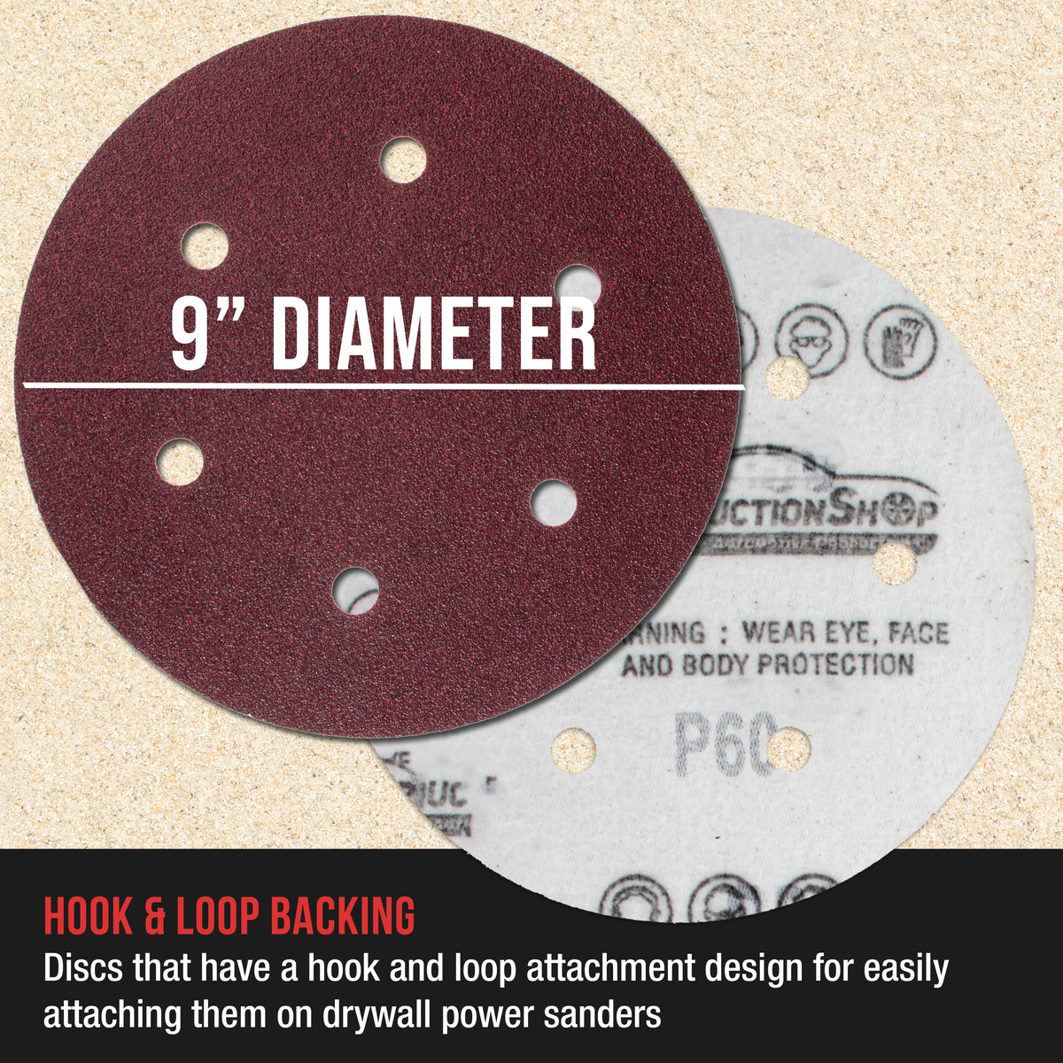Premium 9" Red 6-Hole Pattern Sanding Discs, 30 Disc Variety Pack, Grits 60, 80, 120, 150, 180, 220 - Dustless Hook & Loop Backing Sandpaper for Drywall Power Sander