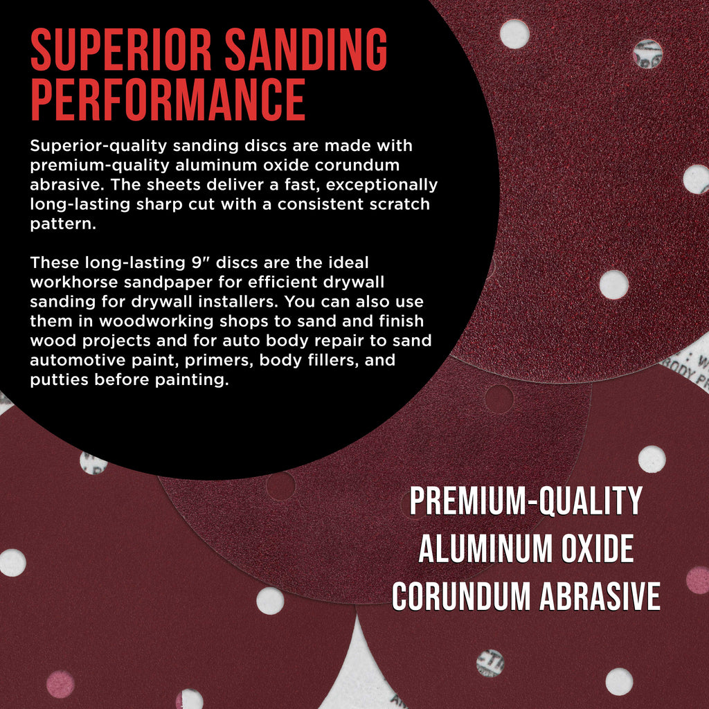 Premium 9" Red 6-Hole Pattern Sanding Discs, 30 Disc Variety Pack, Grits 60, 80, 120, 150, 180, 220 - Dustless Hook & Loop Backing Sandpaper for Drywall Power Sander