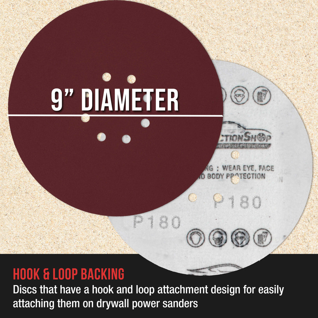 Premium 9" Red 8-Hole Pattern 180 Grit Sanding Discs, Box of 20 - Dustless Hook & Loop Backing Sandpaper for Drywall Power Sanders, Medium-Cut Abrasive