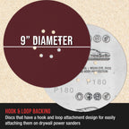 Premium 9" Red 8-Hole Pattern 180 Grit Sanding Discs, Box of 20 - Dustless Hook & Loop Backing Sandpaper for Drywall Power Sanders, Medium-Cut Abrasive
