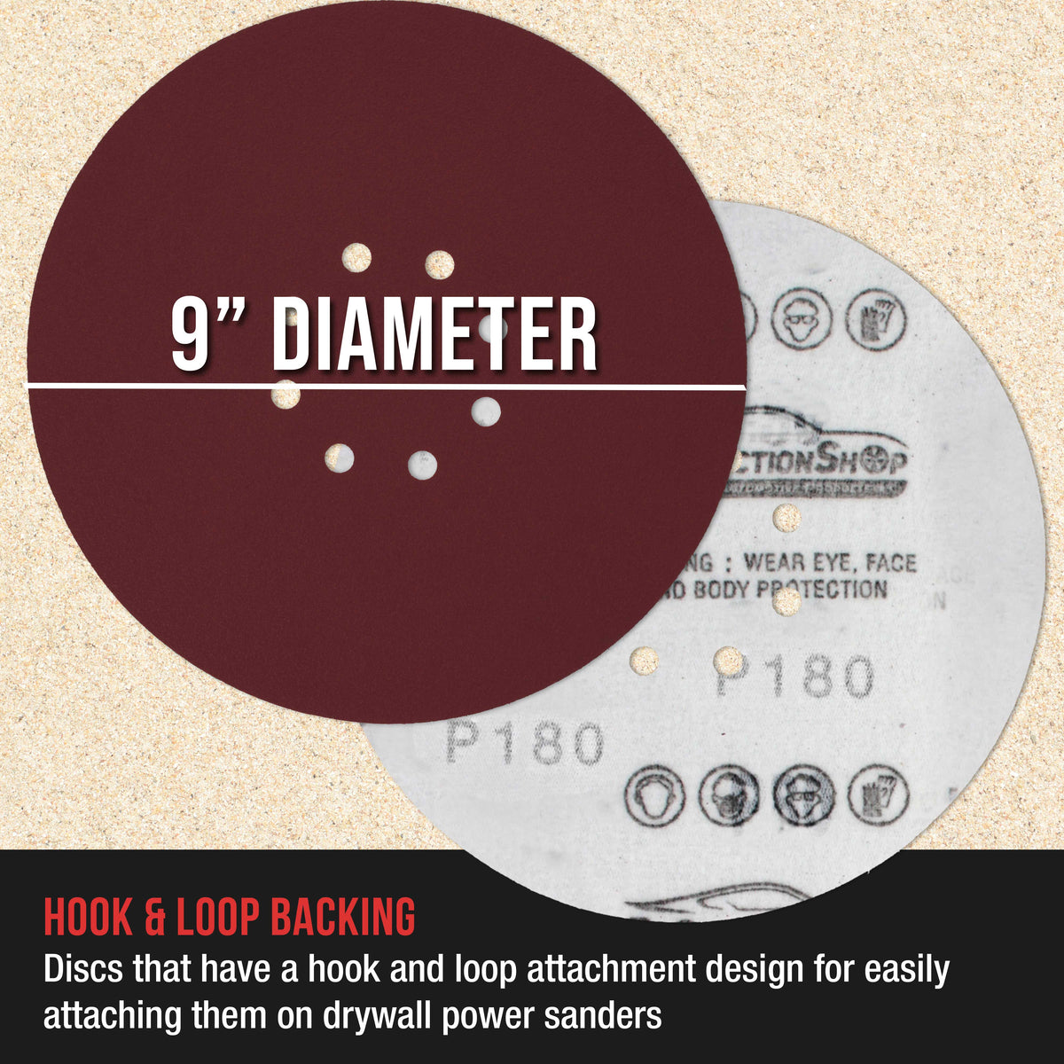 Premium 9" Red 8-Hole Pattern 180 Grit Sanding Discs, Box of 20 - Dustless Hook & Loop Backing Sandpaper for Drywall Power Sanders, Medium-Cut Abrasive