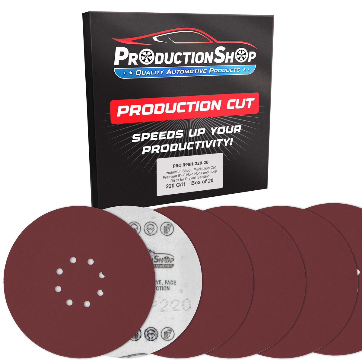 Premium 9" Red 8-Hole Pattern 220 Grit Sanding Discs, Box of 20 - Dustless Hook & Loop Backing Sandpaper for Drywall Power Sanders, Fine-Cut Abrasive