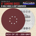 Premium 9" Red 8-Hole Pattern 220 Grit Sanding Discs, Box of 20 - Dustless Hook & Loop Backing Sandpaper for Drywall Power Sanders, Fine-Cut Abrasive