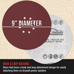 Premium 9" Red 8-Hole Pattern 220 Grit Sanding Discs, Box of 20 - Dustless Hook & Loop Backing Sandpaper for Drywall Power Sanders, Fine-Cut Abrasive