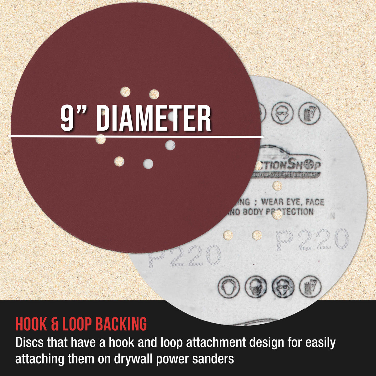 Premium 9" Red 8-Hole Pattern 220 Grit Sanding Discs, Box of 20 - Dustless Hook & Loop Backing Sandpaper for Drywall Power Sanders, Fine-Cut Abrasive