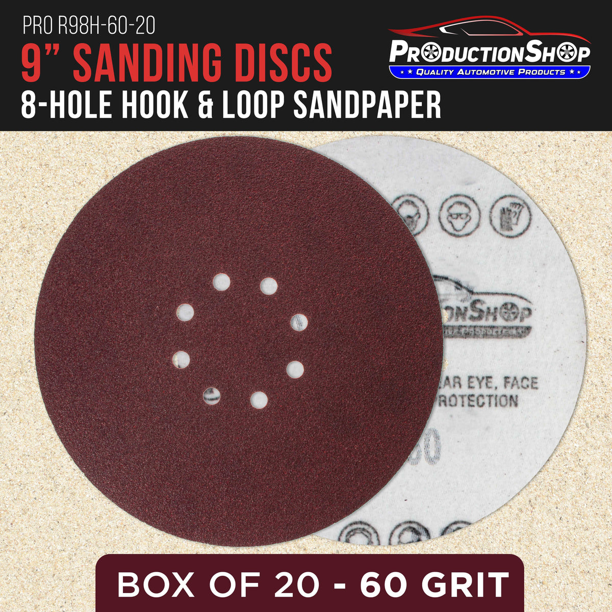Premium 9" Red 8-Hole Pattern 60 Grit Sanding Discs, Box of 20 - Dustless Hook & Loop Backing Sandpaper for Drywall Power Sanders, Coarse-Cut Abrasive