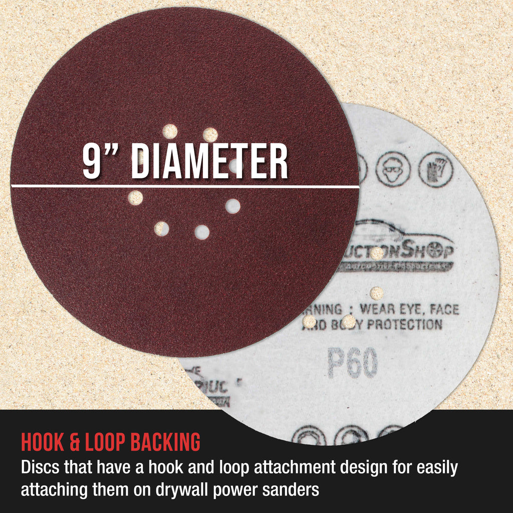 Premium 9" Red 8-Hole Pattern 60 Grit Sanding Discs, Box of 20 - Dustless Hook & Loop Backing Sandpaper for Drywall Power Sanders, Coarse-Cut Abrasive