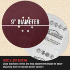 Premium 9" Red 8-Hole Pattern 80 Grit Sanding Discs, Box of 20 - Dustless Hook & Loop Backing Sandpaper for Drywall Power Sanders, Coarse-Cut Abrasive