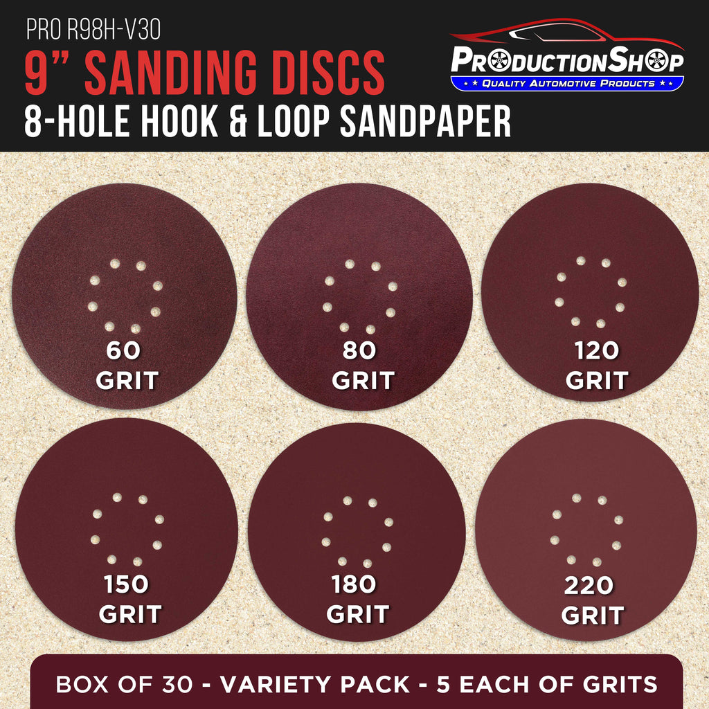 Premium 9" Red 8-Hole Pattern Sanding Discs, 30 Disc Variety Pack, Grits 60, 80, 120, 150, 180, 220 - Dustless Hook & Loop Backing Sandpaper for Drywall Power Sander