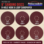 Premium 9" Red 8-Hole Pattern Sanding Discs, 30 Disc Variety Pack, Grits 60, 80, 120, 150, 180, 220 - Dustless Hook & Loop Backing Sandpaper for Drywall Power Sander