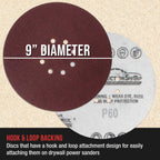Premium 9" Red 8-Hole Pattern Sanding Discs, 30 Disc Variety Pack, Grits 60, 80, 120, 150, 180, 220 - Dustless Hook & Loop Backing Sandpaper for Drywall Power Sander