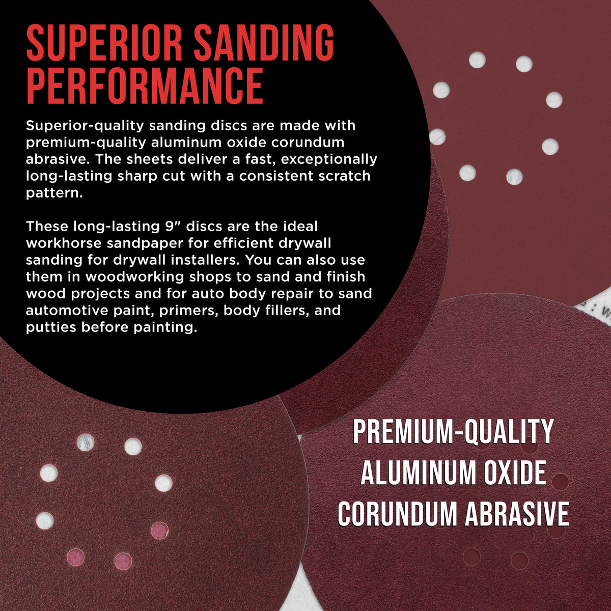 Premium 9" Red 8-Hole Pattern Sanding Discs, 30 Disc Variety Pack, Grits 60, 80, 120, 150, 180, 220 - Dustless Hook & Loop Backing Sandpaper for Drywall Power Sander