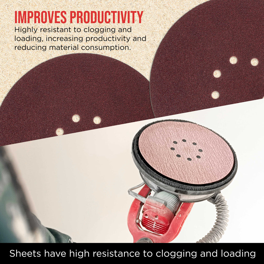 Premium 9" Red 8-Hole Pattern Sanding Discs, 30 Disc Variety Pack, Grits 60, 80, 120, 150, 180, 220 - Dustless Hook & Loop Backing Sandpaper for Drywall Power Sander