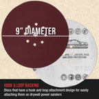 Premium 9" Red 9-Hole Pattern 120 Grit Sanding Discs, Box of 20 - Dustless Hook & Loop Backing Sandpaper for Drywall Power Sanders, Medium-Cut Abrasive