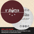 Premium 9" Red 9-Hole Pattern 150 Grit Sanding Discs, Box of 20 - Dustless Hook & Loop Backing Sandpaper for Drywall Power Sanders, Medium-Cut Abrasive