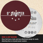 Premium 9" Red 9-Hole Pattern 180 Grit Sanding Discs, Box of 20 - Dustless Hook & Loop Backing Sandpaper for Drywall Power Sanders, Medium-Cut Abrasive