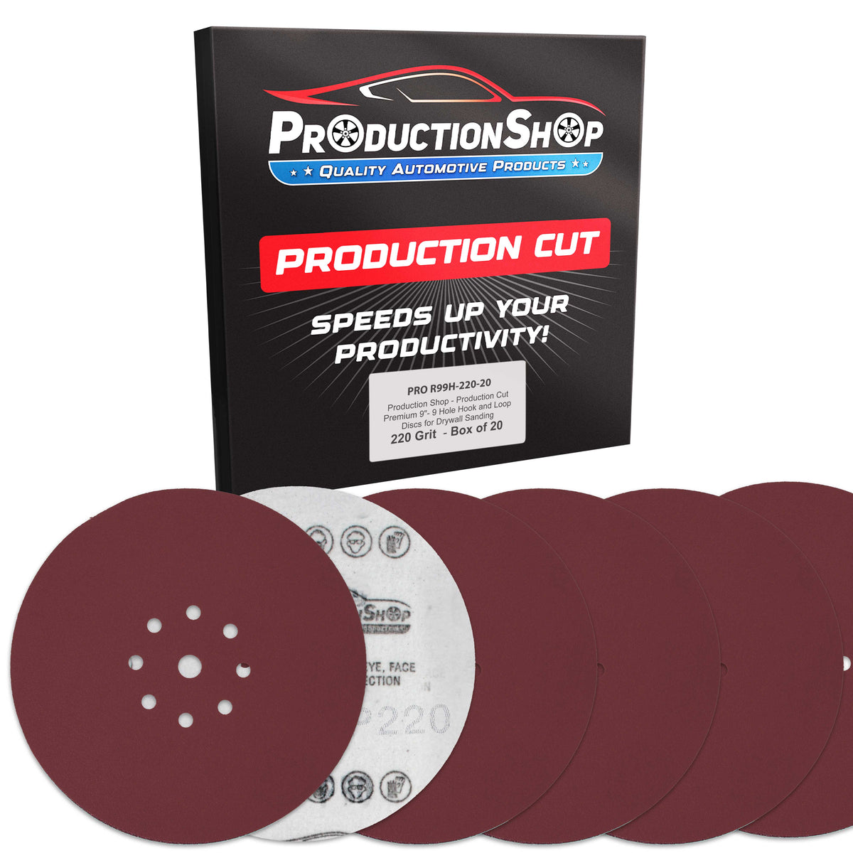 Premium 9" Red 9-Hole Pattern 220 Grit Sanding Discs, Box of 20 - Dustless Hook & Loop Backing Sandpaper for Drywall Power Sanders, Fine-Cut Abrasive