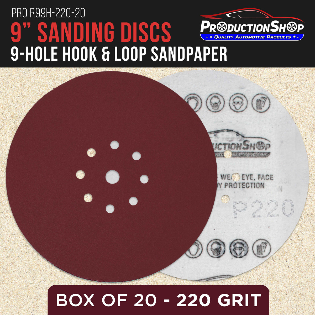 Premium 9" Red 9-Hole Pattern 220 Grit Sanding Discs, Box of 20 - Dustless Hook & Loop Backing Sandpaper for Drywall Power Sanders, Fine-Cut Abrasive