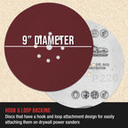 Premium 9" Red 9-Hole Pattern 220 Grit Sanding Discs, Box of 20 - Dustless Hook & Loop Backing Sandpaper for Drywall Power Sanders, Fine-Cut Abrasive