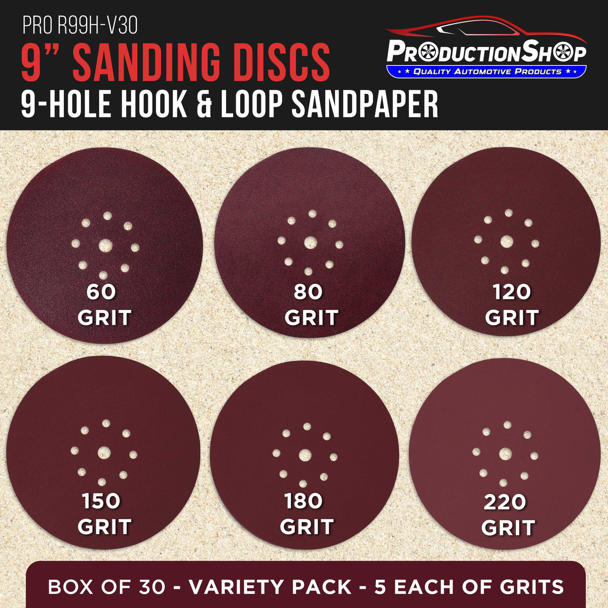 Premium 9" Red 9-Hole Pattern Sanding Discs, 30 Disc Variety Pack, Grits 60, 80, 120, 150, 180, 220 - Dustless Hook & Loop Backing Sandpaper for Drywall Power Sander