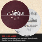 Premium 9" Red 9-Hole Pattern Sanding Discs, 30 Disc Variety Pack, Grits 60, 80, 120, 150, 180, 220 - Dustless Hook & Loop Backing Sandpaper for Drywall Power Sander
