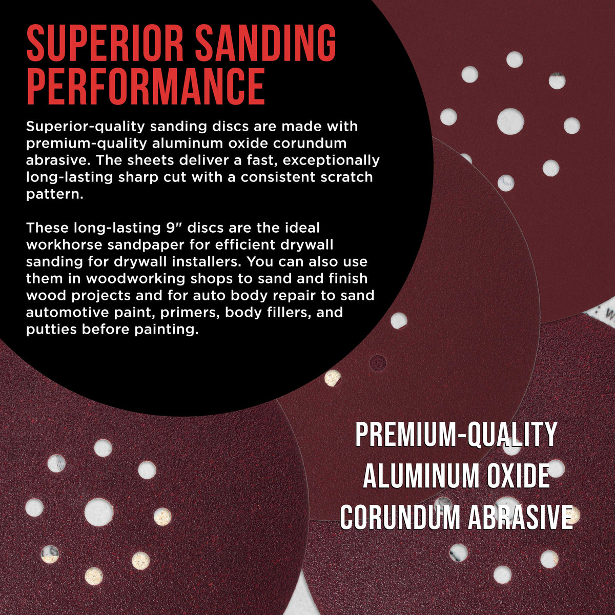 Premium 9" Red 9-Hole Pattern Sanding Discs, 30 Disc Variety Pack, Grits 60, 80, 120, 150, 180, 220 - Dustless Hook & Loop Backing Sandpaper for Drywall Power Sander