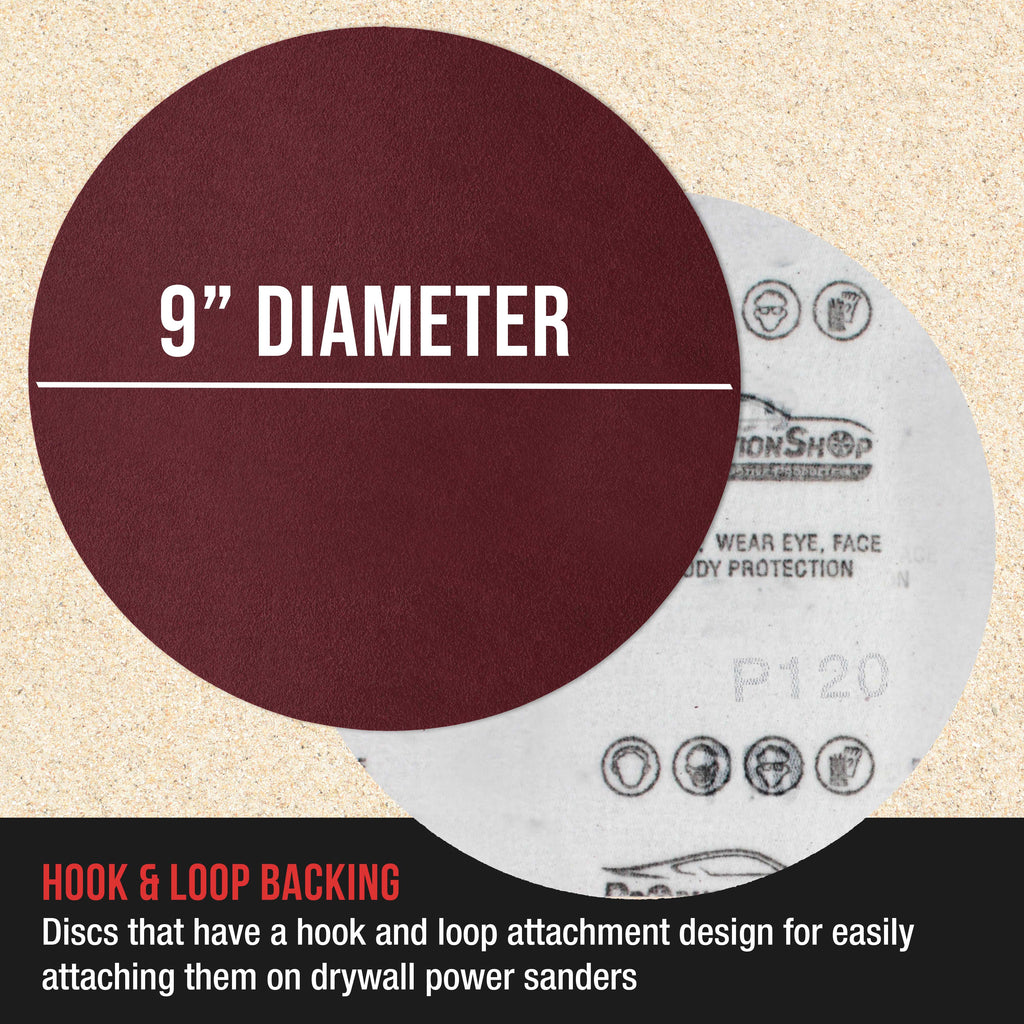 Premium 9" Red 120 Grit Hook & Loop Sanding Discs, Box of 20 - Sandpaper for Drywall Power Sanders, Medium-Cut Abrasive