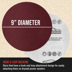 Premium 9" Red 120 Grit Hook & Loop Sanding Discs, Box of 20 - Sandpaper for Drywall Power Sanders, Medium-Cut Abrasive
