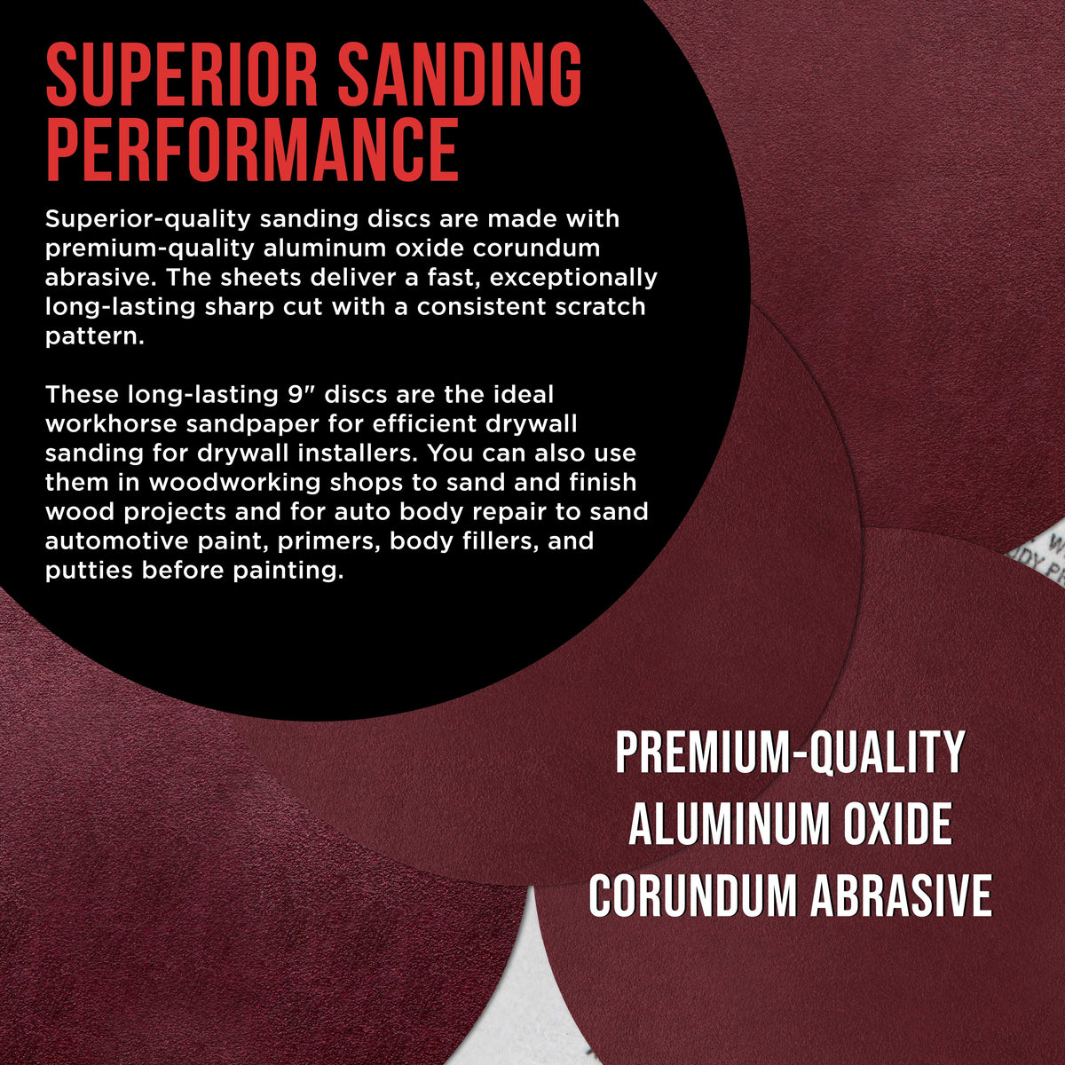 Premium 9" Red 120 Grit Hook & Loop Sanding Discs, Box of 20 - Sandpaper for Drywall Power Sanders, Medium-Cut Abrasive