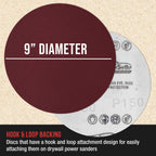 Premium 9" Red 150 Grit Hook & Loop Sanding Discs, Box of 20 - Sandpaper for Drywall Power Sanders, Medium-Cut Abrasive