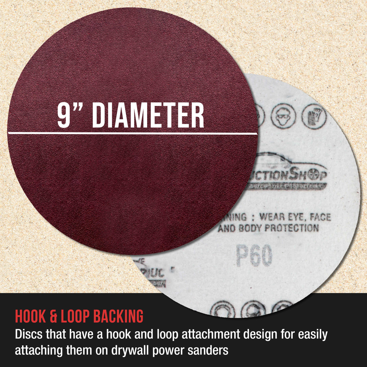 Premium 9" Red 60 Grit Hook & Loop Sanding Discs, Box of 20 - Sandpaper for Drywall Power Sanders, Coarse-Cut Abrasive