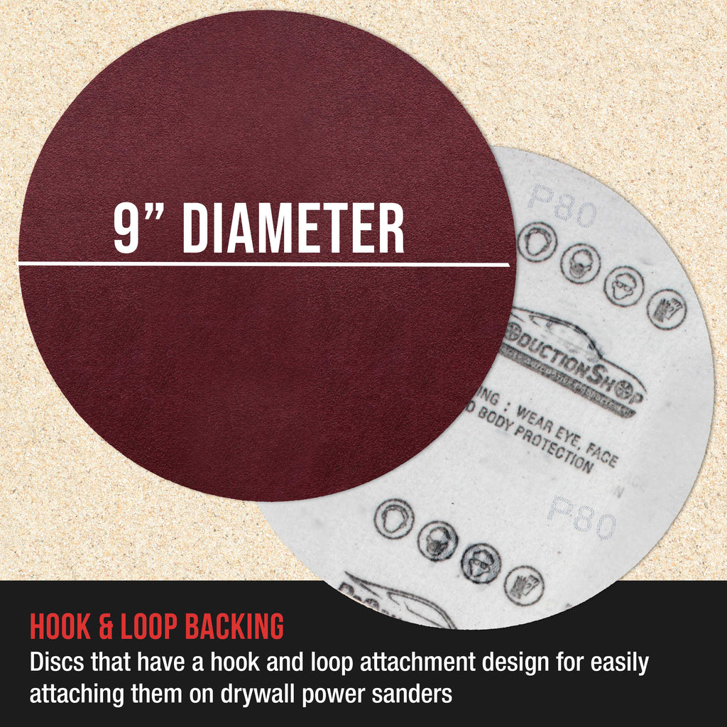Premium 9" Red 80 Grit Hook & Loop Sanding Discs, Box of 20 - Sandpaper for Drywall Power Sanders, Coarse-Cut Abrasive