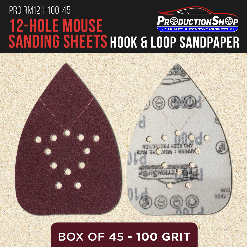 Premium 100 Grit 12-Hole Pattern Mouse Detail Sander Sandpaper Sheets, Box of 45 - Dustless Hook & Loop Triangle Shaped Mouse Disc Pads