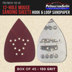 Premium 150 Grit 12-Hole Pattern Mouse Detail Sander Sandpaper Sheets, Box of 45 - Dustless Hook & Loop Triangle Shaped Mouse Disc Pads