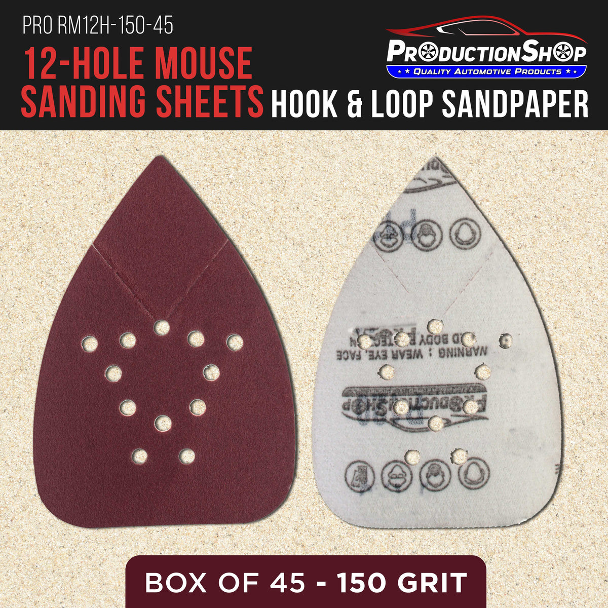 Premium 150 Grit 12-Hole Pattern Mouse Detail Sander Sandpaper Sheets, Box of 45 - Dustless Hook & Loop Triangle Shaped Mouse Disc Pads