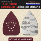 Premium 600 Grit 12-Hole Pattern Mouse Detail Sander Sandpaper Sheets, Box of 45 - Dustless Hook & Loop Triangle Shaped Mouse Disc Pads