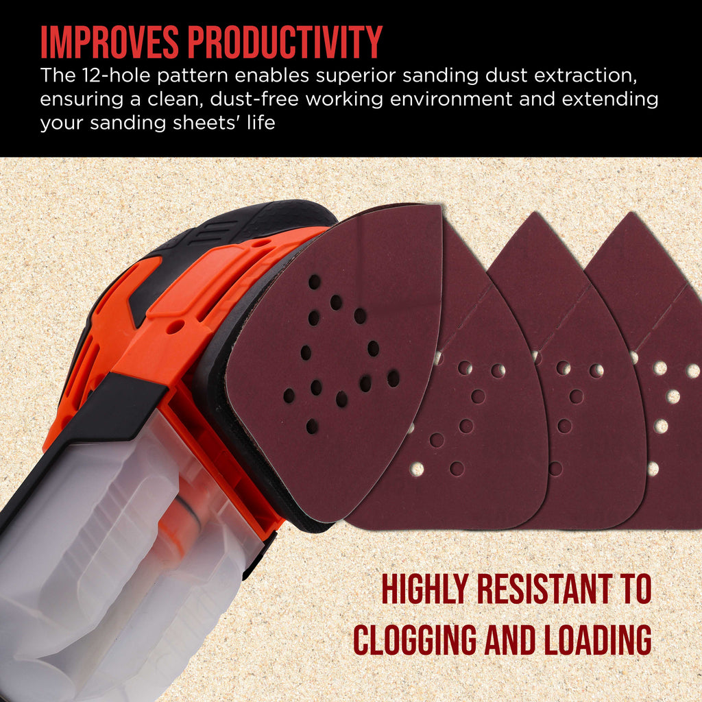 Premium 600 Grit 12-Hole Pattern Mouse Detail Sander Sandpaper Sheets, Box of 45 - Dustless Hook & Loop Triangle Shaped Mouse Disc Pads
