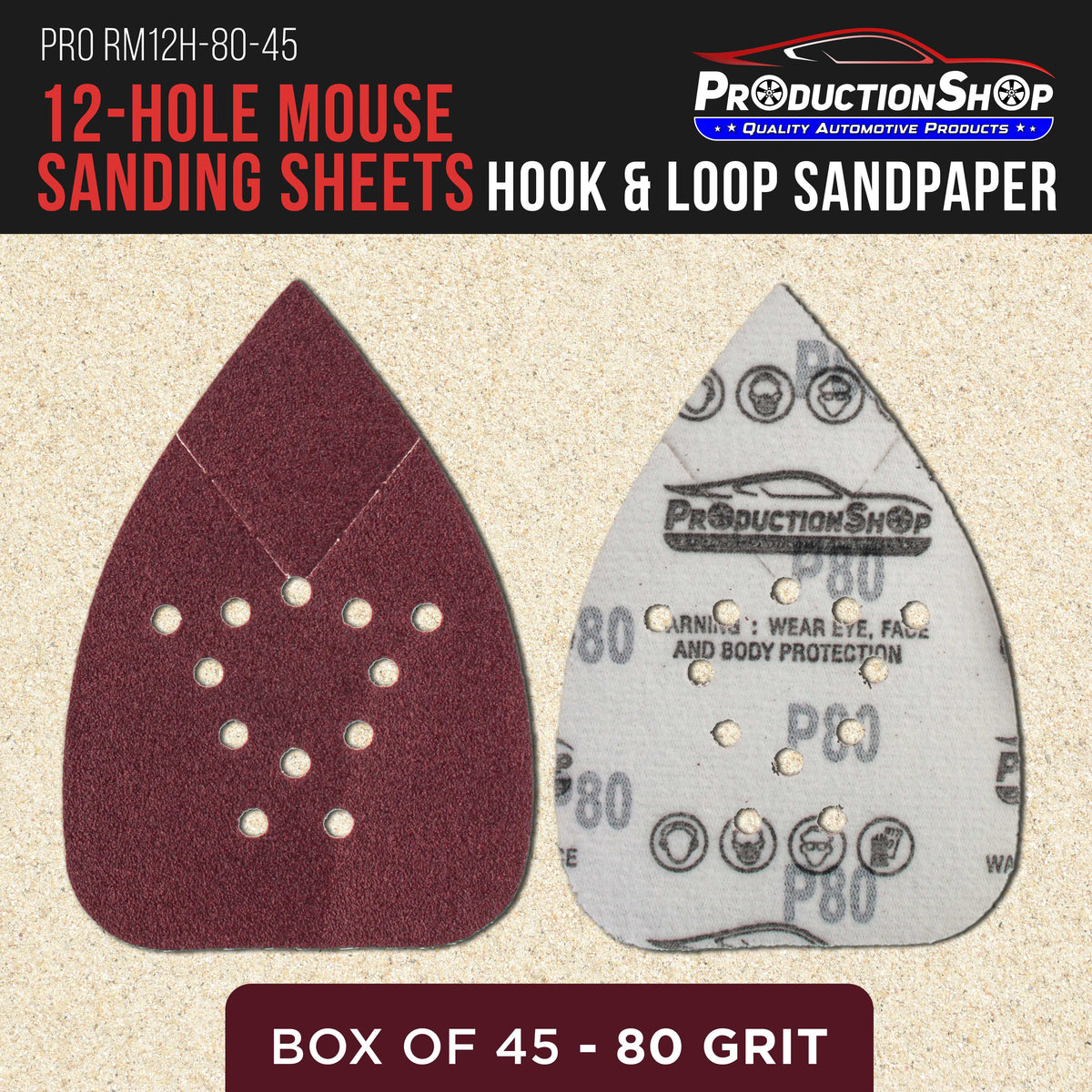 Premium 80 Grit 12-Hole Pattern Mouse Detail Sander Sandpaper Sheets, Box of 45 - Dustless Hook & Loop Triangle Shaped Mouse Disc Pads