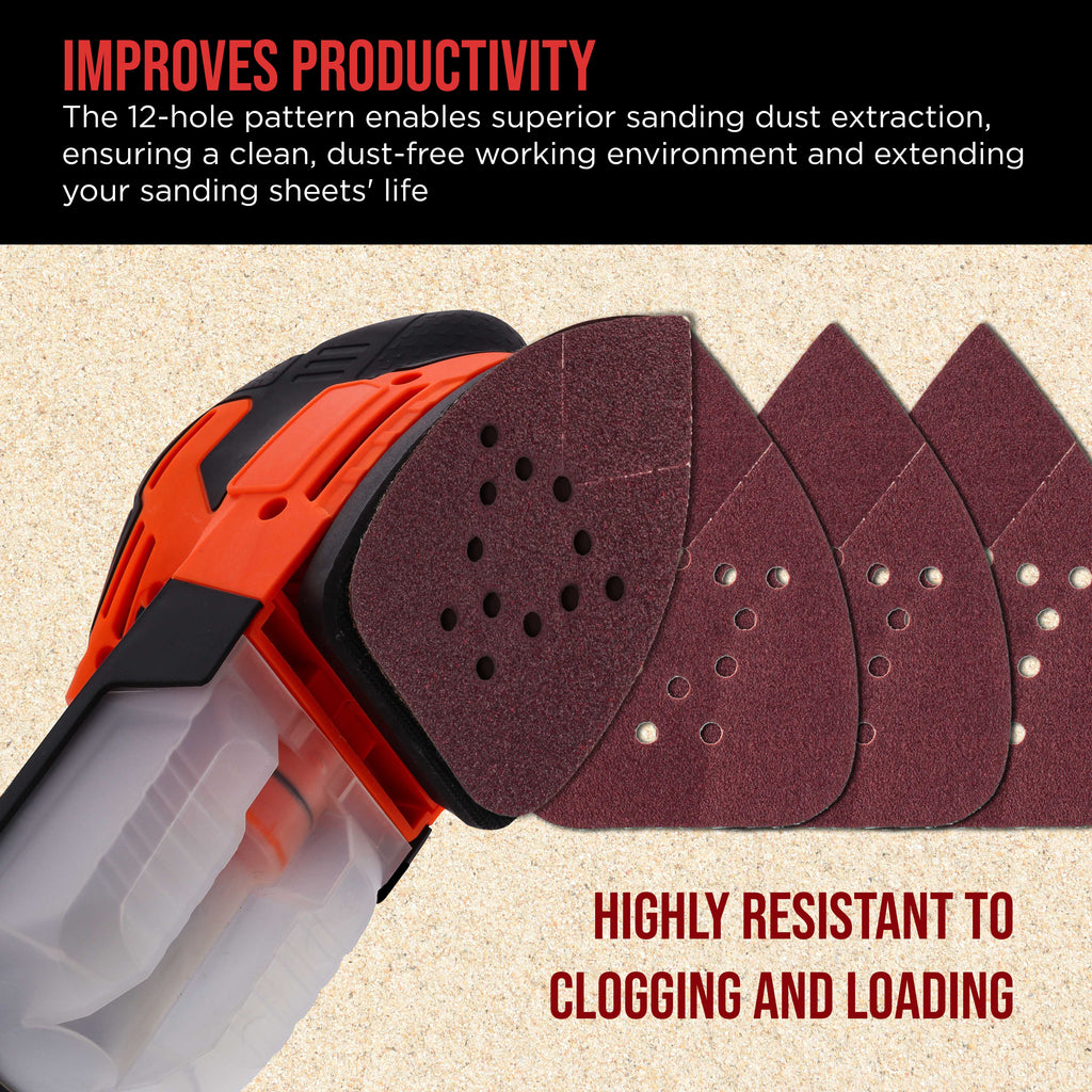 Premium 80 Grit 12-Hole Pattern Mouse Detail Sander Sandpaper Sheets, Box of 45 - Dustless Hook & Loop Triangle Shaped Mouse Disc Pads