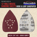 Premium 800 Grit 12-Hole Pattern Mouse Detail Sander Sandpaper Sheets, Box of 45 - Dustless Hook & Loop Triangle Shaped Mouse Disc Pads