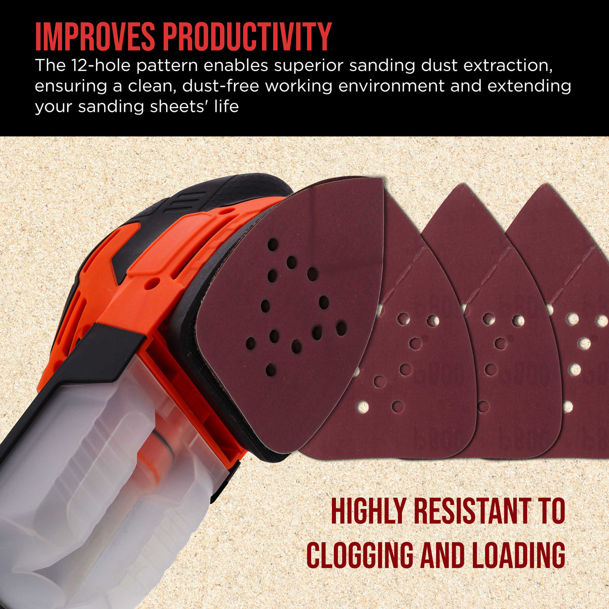 Premium 800 Grit 12-Hole Pattern Mouse Detail Sander Sandpaper Sheets, Box of 45 - Dustless Hook & Loop Triangle Shaped Mouse Disc Pads