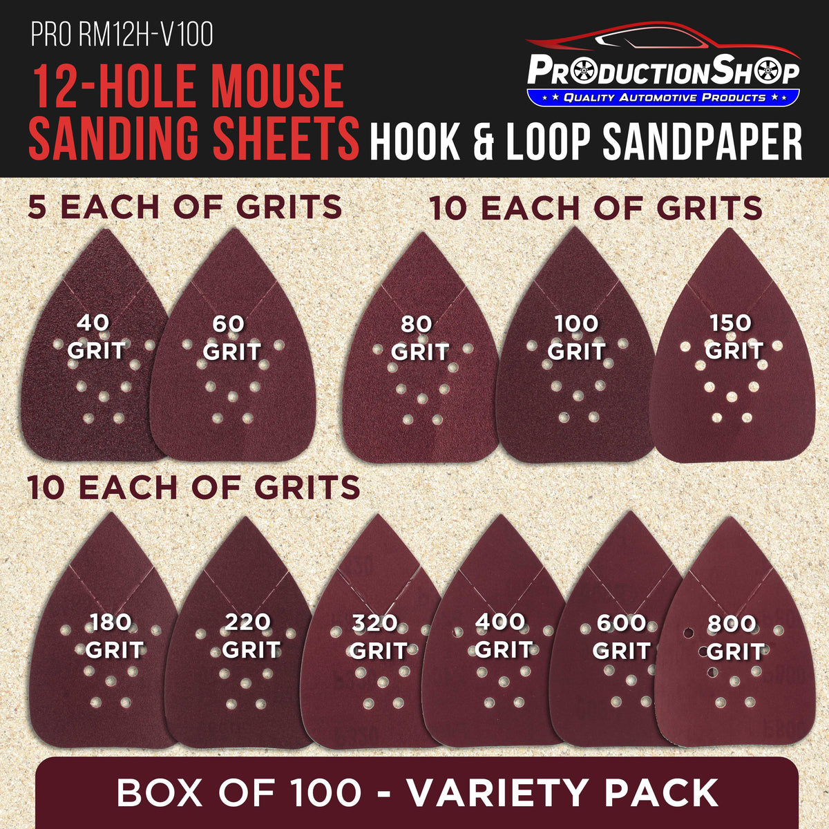 Premium 12-Hole Pattern Mouse Detail Sander Sandpaper Sheets, 100 Disc Variety Pack, Grits 40, 60, 80, 100, 150, 180, 220, 320, 400, 600, 800 - Hook & Loop Disc