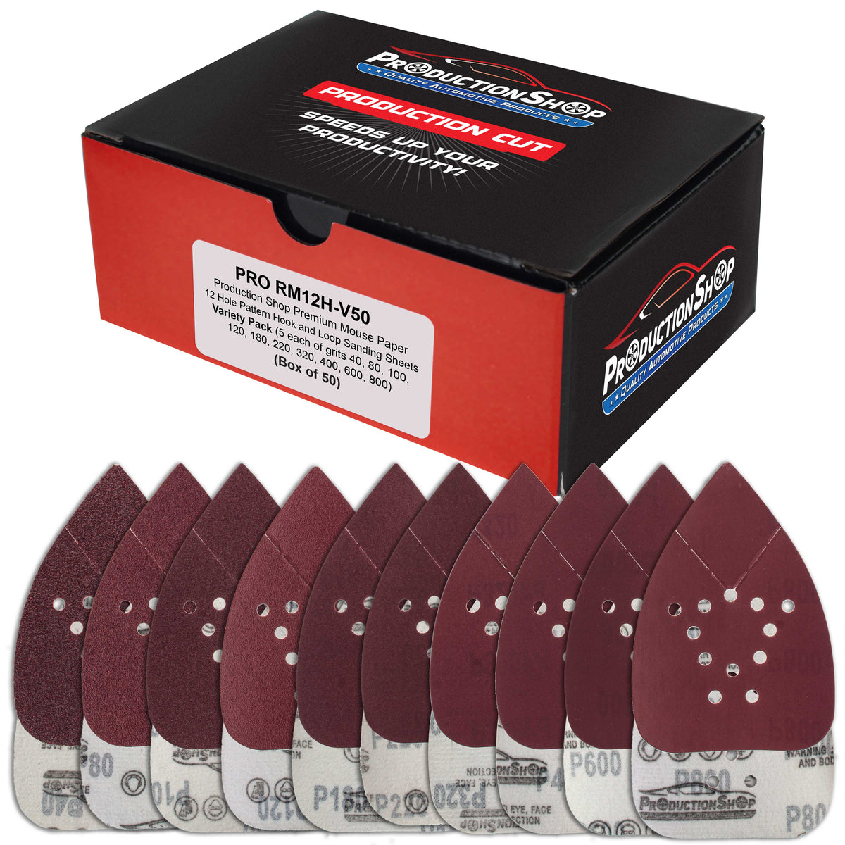 Premium 12-Hole Pattern Mouse Detail Sander Sandpaper Sheets, 50 Disc Variety Pack, Grits 40, 80, 100, 120, 180, 220, 320, 400, 600, 800 - Hook & Loop Disc