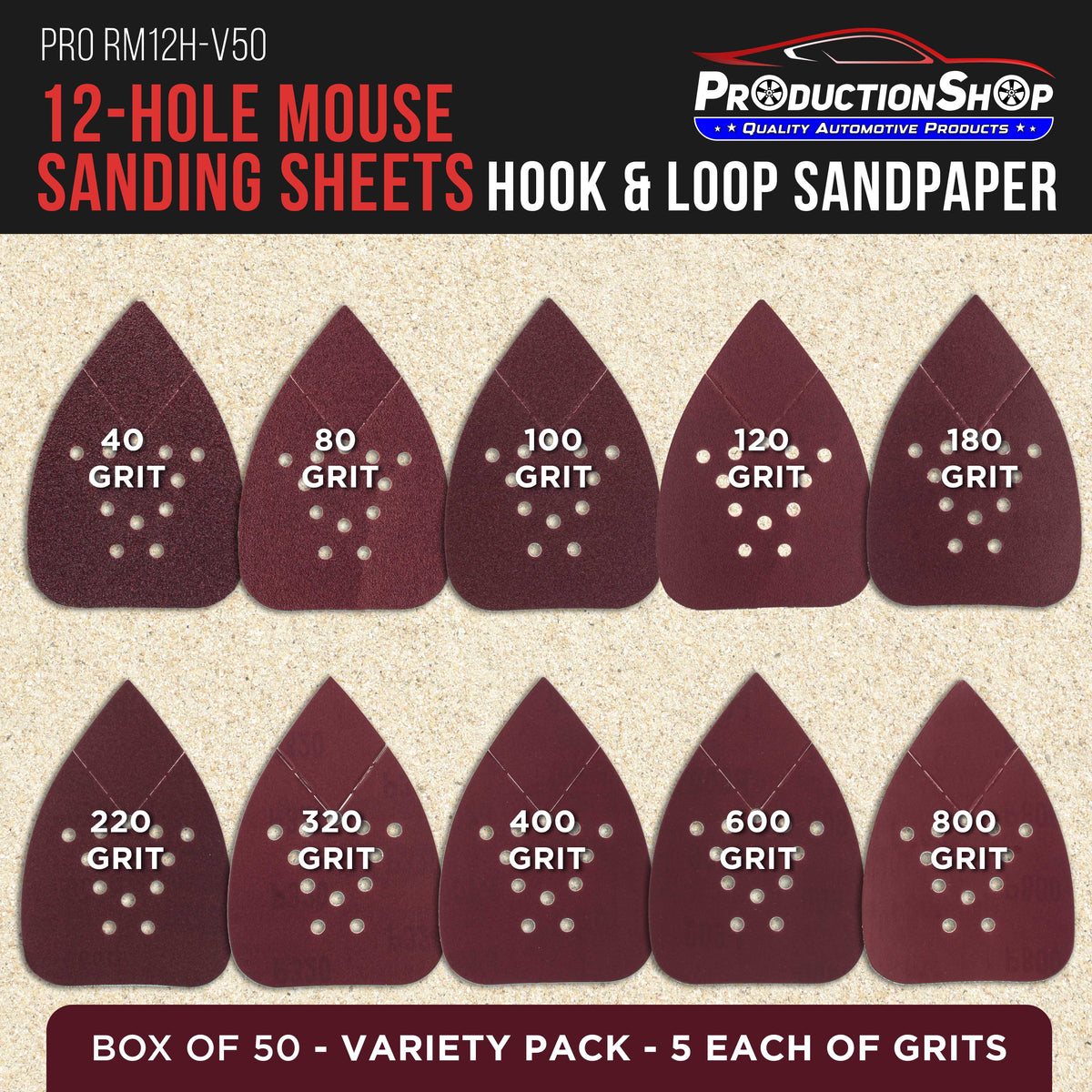 Premium 12-Hole Pattern Mouse Detail Sander Sandpaper Sheets, 50 Disc Variety Pack, Grits 40, 80, 100, 120, 180, 220, 320, 400, 600, 800 - Hook & Loop Disc